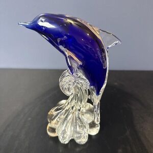 Blue Art Glass Dolphin on Wave‎ Figurine Paperweight 6.5" Tall.